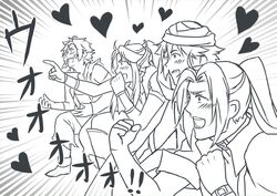  4boys annotated blood_sword commentary_request dissidia_final_fantasy final_fantasy final_fantasy_ii final_fantasy_iv final_fantasy_vii final_fantasy_x fraternity gaijin_4koma_(meme) greyscale heart in-franchise_crossover male_focus masamune_(ff7) meme monochrome multiple_boys open_mouth personification pointing ponytail shinzui_(fantasysky7) sitting translated wristband 