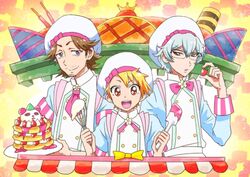  3boys apron bishounen black-framed_eyewear blonde_hair blue_shirt bow bowtie brown_hair commentary_request food fruit glasses grey_hair hat hazama_michio idolmaster idolmaster_side-m kirakira_patisserie_uniform kirakira_precure_a_la_mode maita_rui male_focus mm-mb multiple_boys pancake parody pink_bow pink_bowtie precure puffy_sleeves purple_eyes ribbon s.e.m_(idolmaster) shirt short_hair strawberry style_parody upper_body whisk white_apron white_hat yamashita_jiro 