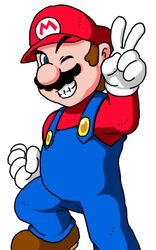  1boy blue_eyes boots brown_hair cap clenched_hand facial_hair fist gloves hat lowres male male_focus mario mario_(series) moustache nakagawa_rui nintendo overalls solo super_mario_bros. suspenders teeth v white_background wink 