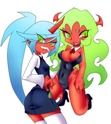  2girls alternate_costume bare_legs bare_shoulders blue_hair blush bow bowtie breasts bunnysuit chibi cleavage clothed_navel demon_girl facial_hair fake_mustache fangs glasses green_eyes green_hair high_heels horns ingenmame kneeling kneesocks_(psg) large_breasts long_hair looking_back moustache multiple_girls nabeshiki_(ingenmame) navel oerba_yun_fang open_mouth panty_&amp;_stocking_with_garterbelt pointy_ears ponytail scanty_(psg) shoes siblings simple_background sisters skirt small_breasts smile smirk standing thighhighs very_long_hair white_background white_legwear zettai_ryouiki 