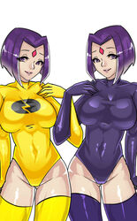  2girls animification bad_id bad_pixiv_id bob_cut breasts collarbone commentary covered_navel cowboy_shot dc_comics dual_persona emblem facial_mark forehead_jewel forehead_mark gloves grin groin hand_on_own_chest highleg highleg_leotard lady_legasus large_breasts leotard lightning_bolt_symbol lips locked_arms looking_at_viewer multiple_girls parted_bangs purple_eyes purple_hair purple_legwear raven_(dc) short_hair simple_background skin_tight smile superhero_costume symmetry taut_clothes teen_titans teen_titans_go! thighhighs thighs turtleneck white_background yellow_legwear zxc 