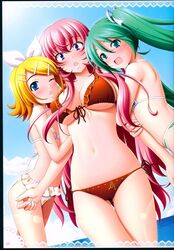  :d arm_holding arm_hug bikini blonde_hair blue_eyes breasts chestnut_mouth cleavage day double_arm_hug front-tie_bikini front-tie_top girl_sandwich green_hair hair_ribbon hatsune_miku highres kagamine_rin large_breasts long_hair looking_at_viewer megurine_luka multiple_girls ocean one_eye_closed open_mouth orange_bikini outdoors pink_hair polka_dot polka_dot_bikini polka_dot_swimsuit purple_eyes ribbon ribbon-trimmed_bikini ribbon_trim sandwiched short_hair side-tie_bikini sin-go small_breasts smile swimsuit twintails underboob vocaloid white_ribbon 