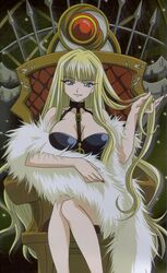  adjusting_hair bare_shoulders blonde_hair breasts chair cleavage evangeline_a_k_mcdowell evangeline_athanasia_katherine_mcdowell female highres large_breasts legs long_hair looking_at_viewer mahou_sensei_negima mahou_sensei_negima! nail_polish official_art screening sitting smile solo thighs throne vampire vampiress very_long_hair yellow_eyes 