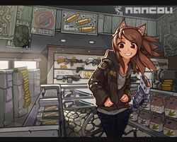  animal_ears armory artist_name bad_id bad_pixiv_id brown_eyes brown_hair cobblestone commentary_request fake_animal_ears female grin gun jacket letterboxed long_hair nancou_(nankou) original poster_(object) shell_casing shop sign smile solo tail usb weapon weapon_on_wall weapon_shop window 