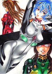  3girls arm_behind_head armpits arms_up ass ayanami_rei bad_id bad_pixiv_id blue_hair bodysuit breasts brown_hair clenched_hand colored_eyelashes colored_pencil_(medium) commentary_request covered_nipples dutch_angle evangelion:_2.0_you_can_(not)_advance eyelashes floating_hair from_side glasses gloves grin hair_between_eyes hairpods impossible_bodysuit impossible_clothes interface_headset inuono_mama lips long_hair looking_at_viewer low_twintails makinami_mari_illustrious multiple_girls neon_genesis_evangelion opaque_glasses parted_lips pilot_suit plugsuit purple_eyes purple_hair rebuild_of_evangelion red-framed_eyewear short_hair signature simple_background skin_tight small_breasts smile solo_focus souryuu_asuka_langley traditional_media turtleneck twintails two_side_up white_background white_bodysuit 