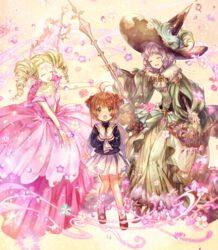  3girls :o ^_^ antenna_hair bare_shoulders brown_hair cardcaptor_sakura closed_eyes clow_card collarbone commentary_request crossover double_bun dress drill_hair flower flower_(clow_card) granblue_fantasy green_dress green_eyes hair_bun hair_ornament hat high_heels kinomoto_sakura lennah long_sleeves looking_at_viewer looking_up mary_janes multiple_girls off-shoulder_dress off_shoulder petals pink_dress purple_hair school_uniform shigaraki_(strobe_blue) shoes short_hair skirt tomoeda_elementary_school_uniform twin_drills white_skirt witch_hat 