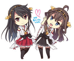  2girls :d ahoge boots chibi closed_mouth commentary_request detached_sleeves haruna_(kancolle) heart japanese_clothes kantai_collection kongou_(kancolle) leaning_to_the_side long_hair looking_at_viewer multiple_girls nontraditional_miko open_mouth ribbon-trimmed_clothes ribbon_trim simple_background skirt smile takigawa_yuu thigh_boots thighhighs v white_background zettai_ryouiki 