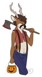  ambiguous_anthro ambiguous_gender anthro antlers axe blood blue_eyes bodily_fluids brown_body brown_fur brown_hair cou deer felling_axe flannel fur hair hi_res horn lumberjack mammal melee_weapon new_world_deer plaid solo suspenders tzarious weapon white-tailed_deer 