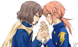  2boys bad_id bad_pixiv_id blue_eyes blush brown_hair closed_eyes gakuran inazuma_eleven_(series) inazuma_eleven_go kirino_ranmaru kyou_(nodobotokemax) lightning_bolt_symbol male_focus multiple_boys open_mouth pink_hair raimon raimon_school_uniform school_uniform shindou_takuto twintails white_background 