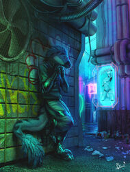  alley alternative_fashion amazing_background ambiguous_gender android anthro biped claws clothed clothing cyberpunk detailed detailed_background digital_media_(artwork) digital_painting_(artwork) digitigrade dinosaur dromaeosaurid extinct feathered_dinosaur feathered_scalie feathers female_(lore) future futuristic graffiti hi_res hologram jesse_(neus) leaning leaning_on_wall lion21 machine neon pinup pose prehistoric_species punk punk_raptor reptile robot scalie science_fiction solo standing streetwear techwear theropod toe_claws trash urban utahraptor velociraptor 