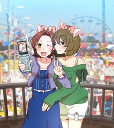  2girls ;d amusement_park animal_ears arms_around_waist bad_id bad_twitter_id bare_shoulders blue_eyes blush bow bra_strap breasts brown_eyes brown_hair camera_phone cellphone cellphone_photo cleavage clothing_cutout collarbone day fake_animal_ears ferris_wheel flip_phone hair_between_eyes hairbow holding holding_phone idolmaster idolmaster_cinderella_girls ilhi kawashima_mizuki lamppost layered_clothes long_skirt long_sleeves medium_breasts mole mole_under_eye multiple_girls no_legwear off_shoulder one_eye_closed open_mouth outdoors pennant phone photo_background railing selfie short_hair shorts shoulder_cutout skirt sky sleeves_past_wrists smile string_of_flags takagaki_kaede unbuttoned v 