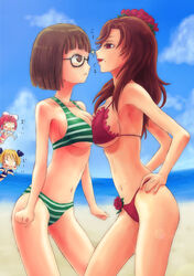  4girls 966 armpits bad_id bad_pixiv_id beach bikini blonde_hair blush breast_press breasts brown_eyes brown_hair casper_(deathsmiles) chibi cleavage collarbone day deathsmiles follett_(deathsmiles) glasses hands_on_own_hips multiple_girls navel outdoors pink_hair red_eyes rosa_(deathsmiles) striped_bikini striped_clothes sweatdrop swimsuit symmetrical_docking windia_(deathsmiles) wings 