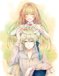  1boy ada_vessalius blonde_hair blush bow closed_eyes commentary_request dress earrings female hair_ribbon head_wreath heterochromia highres jewelry long_hair pandora_hearts photoshop_(medium) ponytail putting_on_headwear red_eyes ribbon ruki_(ruki1122) short_hair smile vincent_nightray yellow_eyes 