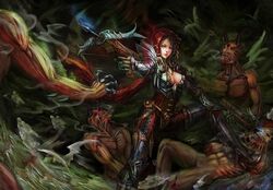  breasts brown_eyes brown_hair cleavage commentary_request crossbow demon_hunter diablo diablo_(series) diablo_3 dual_wielding edenfox female highres holding hood light_smile long_hair looking_at_viewer medium_breasts photoshop_(medium) signature weapon 