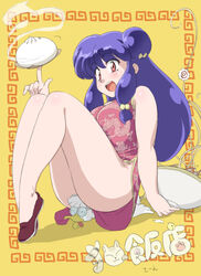  1boy baozi bird bowl china_dress chinese_clothes commentary_request dress duck female food framed glasses highres kamaboko mage_(harumagedon) meandros mousse_(duck)_(ranma_1/2) narutomaki noodles photoshop_(medium) ramen ranma_1/2 shampoo_(ranma_1/2) shoes sitting sitting_on_person smile steam tongue tongue_out translation_request 