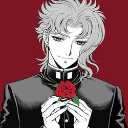  1boy baitu commentary_request earrings flower gakuran green_eyes holding holding_flower jewelry jojo_no_kimyou_na_bouken kakyoin_noriaki male_focus monochrome photoshop_(medium) red_background rose scar scar_across_eye scar_on_face school_uniform solo spot_color 