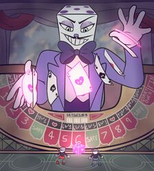  2017 5_fingers animate_inanimate bendy_straw biped black_clothing black_topwear blue_bottomwear blue_clothing bottomwear bow_(feature) bow_tie card casino clothed clothing clubs_(suit) container crown cup cuphead_(character) cuphead_(game) d6 diamonds_(suit) dice digital_drawing_(artwork) digital_media_(artwork) drinking_straw english_text evil_grin facial_hair fingers for_a_head front_view fully_clothed glassycolors gloves glowing green_eyes group half-closed_eyes handwear headgear heart_symbol holding_object humanoid humanoid_hands king_dice larger_male looking_at_another looking_down looking_up macro male markings moustache mugman multicolored_body narrowed_eyes not_furry object_head pants playing_card purple_body purple_bottomwear purple_clothing purple_nose purple_spots purple_topwear rear_view red_bottomwear red_clothing shirt shows size_difference smaller_male smile solo_focus spades_(suit) spots spotted_body standing suit suit_symbol sweater sweater_vest text topwear two_tone_body vest white_body 