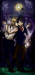  2boys artist_name blonde_hair blue_eyes cracked_skin dio_brando disintegration flower grass hand_on_another&#039;s_arm highres jojo_no_kimyou_na_bouken jonathan_joestar male_focus multiple_boys neck_ribbon ribbon scar signature socks sparkle star stitches stitching striped striped_legwear suspenders sweater_vest tears traditional_media wunjojera 