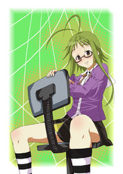  antenna_hair asu_no_yoichi brown_eyes chair commentary_request feet_out_of_frame female flipped_hair glasses green_hair ikaruga_chihaya kneehighs kuuya_(kohaku1988) long_hair looking_at_viewer office_chair photoshop_(medium) short_hair_with_long_locks sidelocks sitting sitting_backwards skirt socks solo striped_clothes striped_socks swivel_chair 