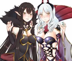  2girls aqua_nails ascot bare_shoulders black_dress blush breasts brown_hair carmilla_(fate) claw_pose cleavage commentary_request detached_sleeves dress fate/apocrypha fate/grand_order fate_(series) fingernails fur_trim horns large_breasts long_fingernails long_hair looking_at_viewer multiple_girls nail_polish navel parted_lips pointy_ears see-through semiramis_(fate) simple_background slit_pupils supportasse sweatdrop umehitonekomi white_background white_hair yellow_eyes 