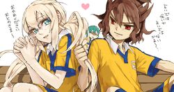  3boys aqua_hair bad_id bad_pixiv_id blue_eyes brown_hair fusion glasses grabbing_another&#039;s_hair heart inazuma_eleven_(series) inazuma_eleven_go inazuma_eleven_go_chrono_stone kariya_masaki kirino_ranmaru kirino_ranmaru_(mixi_max_jeanne_d&#039;arc) kyou_(nodobotokemax) long_hair male_focus multiple_boys raimon raimon_soccer_uniform red_eyes shindou_takuto shindou_takuto_(mixi_max_oda_nobunaga) soccer_uniform sportswear translated twintails very_long_hair white_background 