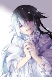  alice_(pandora_hearts) braid brown_hair commentary_request dress female frills gradient_hair long_hair multicolored_hair own_hands_clasped own_hands_together pandora_hearts purimo_(xxxmofmof) purple_eyes red_eyes smile tears white_hair will_of_the_abyss 