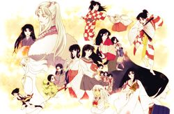  6+girls annotated asuka_(inuyasha) ayumi_(inuyasha) barefoot black_hair commentary_request eri_(inuyasha) feet hakama hakama_skirt hand_fan highres higurashi_kagome hitomiko inuyasha itoyoshi_(koiyuri) izayoi_(inuyasha) japanese_clothes kaede_(inuyasha) kagura_(inuyasha) kanna_(inuyasha) katana kikyou_(inuyasha) kimono kochou_(inuyasha) koharu_(inuyasha) mama_higurashi midoriko_(inuyasha) multiple_girls pointy_ears rin_(inuyasha) robe sakasagami_no_yura sango_(inuyasha) school_uniform serafuku sesshoumaru&#039;s_mother shima_(inuyasha) short_hair skirt sword toeless_legwear tsubaki_(inuyasha) weapon white_hair yuka_(inuyasha) 