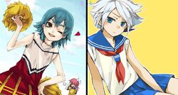  3boys aqua_hair bad_id bad_pixiv_id blue_eyes blue_hair blush brown_eyes cheerleader crossdressing heart inazuma_eleven inazuma_eleven_(series) inazuma_eleven_go kariya_masaki kirino_ranmaru kyou_(nodobotokemax) male_focus multiple_boys one_eye_closed open_mouth pink_hair pleated_skirt pom_pom_(cheerleading) school_uniform serafuku skirt suzuno_fuusuke twintails white_hair 