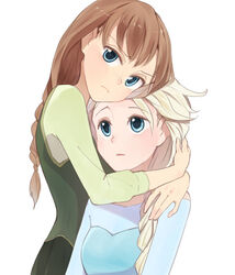  anna anna_(frozen) blonde_hair blue_eyes braid brown_hair elsa elsa_(frozen) freckles frozen_(disney) hug siblings sisters sou_(pixiv2760884) tuhut 