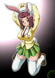  animal_ears beret breasts carrot code_geass code_geass:_nunnally_in_wonderland commentary_request female hat kaname_aomame kneeling kouzuki_kallen large_breasts necktie photoshop_(medium) rabbit rabbit_ears rabbit_tail school_uniform shoes skirt tail thighhighs white_hat white_legwear zettai_ryouiki 