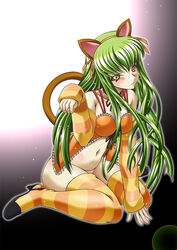  animal_ears blush c.c. cat_ears cat_tail code_geass code_geass:_nunnally_in_wonderland commentary_request female green_hair high_heels kaname_aomame long_hair navel paw_pose photoshop_(medium) sitting solo striped_clothes striped_thighhighs tail thighhighs wariza yellow_eyes 