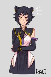  animal_ears asymmetrical_sleeves black_hair cat_ears commentary female kali_belladonna mature_female rwby smile sora_(efr) uneven_sleeves yellow_eyes 