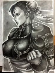  absurdres bad_id bad_pixiv_id bracelet breasts bun_cover chinese_clothes chun-li cleavage clenched_hand double_bun drawing_(object) earrings female filigree from_side graphite_(medium) greyscale hair_bun hair_ribbon highres inuono_mama jewelry large_breasts lips monochrome photo_(medium) ribbon solo spiked_bracelet spikes street_fighter traditional_media upper_body 