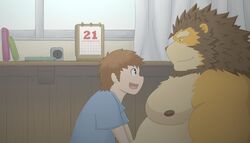  anthro bare_chest biceps brown_hair countershading detailed_background duo eye_contact felid hair happy human inside larger_male lion looking_at_another male mammal mane overweight pantherine saturnboy size_difference smaller_male smile young 