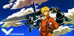  1980s_(style) 1boy aircraft airplane area_88 bird blonde_hair cloud commentary_request cross day eagle emblem f-8_crusader flying gloves green_eyes hair_over_one_eye helmet jet jumpsuit kazama_shin kuwae looking_at_viewer missile orange_jumpsuit pilot pilot_suit retro_artstyle scarf serious 