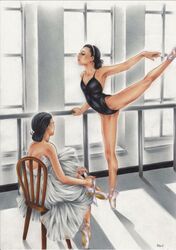  2girls arabesque_(pose) bad_id bad_pixiv_id ballerina ballet ballet_slippers barre black_hair chair colored_pencil_(medium) commentary dress earrings en_pointe hair_bun hairband inuono_mama jewelry legs leotard lips multiple_girls no_legwear original pose shadow shoes signature single_hair_bun sitting standing standing_on_one_leg traditional_media tying_footwear window_shadow windowsill 