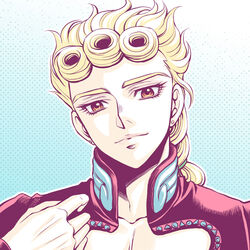  1boy baitu blonde_hair blue_background braid commentary_request earrings giorno_giovanna gradient_background hair_tie jewelry jojo_no_kimyou_na_bouken male_focus orange_eyes photoshop_(medium) polka_dot polka_dot_background solo upper_body vento_aureo 