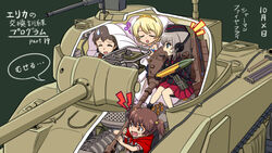  4girls alisa_(girls_und_panzer) blonde_hair blue_eyes brown_eyes brown_hair closed_eyes commentary cosplay cup cut-away darjeeling_(girls_und_panzer) dress eighth_note garrison_cap girls_und_panzer gloves grey_hair grimm&#039;s_fairy_tales hair_ornament halloween hat headphones highres holding itsumi_erika jacket kuromorimine_military_uniform little_red_riding_hood m4_sherman mecha_musume military military_uniform military_vehicle miniskirt motor_vehicle multiple_girls musical_note naomi_(girls_und_panzer) open_mouth pleated_skirt princess roman_holiday sherman_firefly shinmai_(kyata) short_hair short_twintails sitting skirt smile tank tank_shell tea teacup tiara translated twintails uniform white_dress 