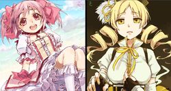  2girls bad_id bad_pixiv_id blonde_hair breasts choker cloud day dress drill_hair fingerless_gloves gloves hair_ribbon kaname_madoka kaname_madoka_(magical_girl) kyou_(nodobotokemax) large_breasts magical_girl mahou_shoujo_madoka_magica mahou_shoujo_madoka_magica_(anime) multiple_girls nail_polish open_mouth pink_eyes pink_hair ribbon tomoe_mami tomoe_mami_(magical_girl) twin_drills twintails yellow_eyes 