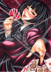  ace_(playing_card) ace_of_hearts arched_back bad_id bad_pixiv_id black_hair black_ribbon blunt_bangs blush bondage card chains colored_pencil_(medium) commentary eyelashes female fingernails formal from_side heart hime_cut holding holding_card hyakkaou_academy_school_uniform inuono_mama jabami_yumeko jack_(playing_card) jack_of_hearts jewelry kakegurui king_(playing_card) king_of_hearts_(playing_card) lips long_hair looking_at_viewer nail_polish open_collar open_mouth playing_card poker queen_(playing_card) queen_of_hearts_(playing_card) red_background red_eyes red_lips red_nails red_suit restraints ribbon ring royal_flush school_uniform signature solo suit sweat ten_of_hearts thumb_ring traditional_media very_long_hair 