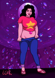  belly black_hair brown_eyes cartoon_network cave chubby chubby_female fat_people_only flip_flops gem genderswap genderswap_(mtf) jeans pants_pulled_down pinup pulling_down_pants rule_63 star steven_quartz_universe steven_universe stone thewink 