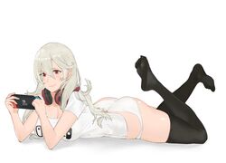  1girls ass big_breasts black_legwear blush breasts bubble_butt corrin_(female)_(fire_emblem) corrin_(fire_emblem) curvy feet female fire_emblem fire_emblem_fates hair_between_eyes hair_ornament hairband headphones headphones_around_neck j@ck large_breasts legs legs_up long_hair lying manakete nintendo_switch no_shoes on_stomach paid_reward panties patreon_reward playing_games pointy_ears red_eyes shirt silver_hair simple_background skin_fang smile solo t-shirt tareme thighhighs thighs underwear video_game white_panties white_t-shirt 