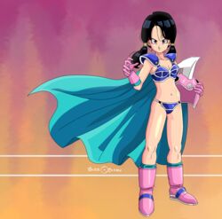  1girls belly bikini_armor black_hair boots cape cleavage cosplay dragon_ball dragon_ball_z female female_only glee-chan gloves helmet navel pink_eyes small_breasts solo twintails unconvincing_armor videl 