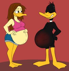  2026 8aerondight8 anatid anseriform anthro avian beak belly_blush bird black_body black_feathers blush bodily_fluids body_blush bottomwear breasts brown_hair clothing daffy_duck duck duo feathers feet female hair hand_on_belly hand_on_hip hi_res looking_at_another looney_tunes male male/female membrane_(anatomy) navel non-mammal_breasts outie_navel overweight overweight_male pants pregnant pregnant_female scut_tail shirt short_tail shorts sweat tail the_looney_tunes_show tina_russo toes topwear warner_brothers webbed_feet yellow_body yellow_feathers 