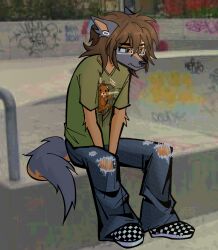  absurd_res anthro bottomwear brown_body brown_fur brown_hair canid canine canis checkered checkered_clothing checkered_footwear checkered_shoes clothing denim denim_bottomwear denim_clothing domestic_dog ear_piercing ears_up eyebrow_piercing eyebrows eyewear facial_piercing footwear fur gauged_ear german_shepherd glasses green_clothing green_shirt green_topwear hair herding_dog hi_res jeans looking_away lucas_(werehouse) male mammal meme messy_hair oversized_bottomwear oversized_clothing oversized_pants pants pastoral_dog pattern_clothing pattern_footwear pattern_shoes pedobear piercing shirt shoes skate_park solo thick_eyebrows topwear torn_bottomwear torn_clothing torn_jeans torn_pants wearing_glasses werehouse 