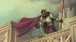  2021 anthro armor brown_body brown_fur canid canine canis castle claws cloak clothing digital_media_(artwork) domestic_dog fur gauntlets german_shepherd gloves greaves hair handwear herding_dog looking_down male mammal melee_weapon parapet pastoral_dog pauldron pawpads paws plate_armor purple_cloak purple_clothing ritter_(krazykit) scabbard shamerli signature solo step_pose sword toe_claws weapon 