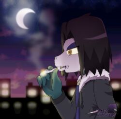  alligator alligatorid black_hair bodypaint brown_eyes cigarette city city_background claws clothed clothing crescent_moon crocodilian eyeshadow face_paint facial_hair fangs fur_trim_(clothing) goatee green_body hair hi_res jacket juggalo makeup male moon nero_(nerointruder) nerointruder night open_clothing open_jacket open_topwear reptile scalie smoke smoking smoking_cigarette solo teeth topwear 