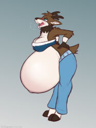  2026 anthro antlers belly belly_blush big_belly big_breasts blue_eyes blush body_blush bottomwear breasts brown_body brown_fur brown_hair clothing dansharkman deer denim denim_bottomwear denim_clothing digital_drawing_(artwork) digital_media_(artwork) english_description female fur hair hand_on_hip hand_on_own_hip hi_res hooved_toes hooves horn huge_belly humanoid_hands hyper hyper_belly hyper_pregnancy inner_ear_fluff jeans mammal navel neck_tuft open_mouth outie_navel pants pink_mouth pink_tongue pregnant pregnant_anthro pregnant_female ray_(zendaray) short_hair solo standing tan_body tan_fur tan_inner_ear tan_inner_ear_fluff tongue tuft 