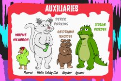  1980s_theme absurd_res accessory_only alystairphantem anthro avian beak beard bird blood bodily_fluids bright_colors brown_body candy candy_bar casual_nudity cheek_tuft chest_tuft confusion crossed_arms derek_purkins_(the_party_animals) dessert domestic_cat facial_hair facial_tuft feathers felid feline felis female food frown georgina_rhodes_(the_party_animals) gopher green_body group hair head_tuft hi_res horror_(theme) humor iguana iguanid jorge_verdes_(the_party_animals) lizard long_tail male mammal model_sheet no_genitals nude paranoid parrot pointed_tail reptile rodent rounded_ears scales scalie scared scratching_head slightly_chubby spikes tail the_party_animals tuft wayne_mcgaugh_(the_party_animals) whiskers white_hair 