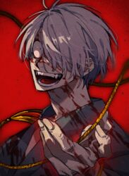  1boy adam&#039;s_apple blood blood_on_clothes blood_on_face fingernails gegege_no_kitarou grey_hair hair_over_one_eye highres japanese_clothes kitarou_tanjou:_gegege_no_nazo male_focus medama_oyaji medama_oyaji_(human) nive_(dn) reaching reaching_towards_viewer red_background rope short_hair solo tassel teeth tongue unusually_open_eyes upper_body 